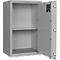 Grey safe with open door, two shelves. A label is attached to the door.