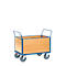 Wooden trolley with blue frame and handles, four wheels.