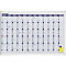 White annual planner board with markings and labels. On yellow note with pin.