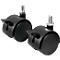 Two black furniture casters with adjustment levers and silver threaded bolts.