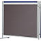 Grey fabric pinboard on wheels. Silver frame, blue top. A wall that serves as protection.