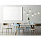 Dining room with white board, table, chairs, pendant lights, flower vase, neutral background.