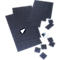 Black square adhesive pads, some with peel-off adhesive strips.