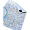 Düsseldorf city map, partially folded up, showing streets, buildings and sights. A magnet holds it in place.