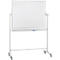 White rolling whiteboard with pen holder. Four castors, metal frame and fittings. A blue pen is in the holder.