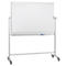White, rotatable whiteboard on wheels. Underneath a shelf with a blue pen. Steel frame in light grey.