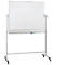 White, mobile whiteboard. On a frame with wheels, with a pen holder and a blue pen.