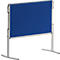 Blue notice board with silver frame. The free-standing frame stands on two feet.