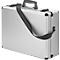 Silver suitcase with black handle and shoulder strap. Corner protectors.