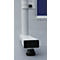 Close-up of a white, rectangular foot with black rubber pad and a screw on a gray background.