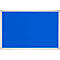 Blue noticeboard with silver frame. The surface is covered with blue fabric.