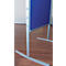 Close-up of a pinboard stand: silver metal frame with blue fabric, on a brown wooden floor.