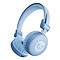 Casque audio bleu clair sur fond blanc. Écouteurs ronds, rembourrés, avec logo. Arceau réglable.