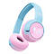 Casque audio bleu clair et rose, design avec oreillettes et bandeau réglable.