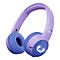 Casque violet clair, écouteurs bleus. Logo sur l'extérieur de l'écouteur.