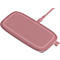 Chargeur sans fil rose. De forme rectangulaire aux coins arrondis, surface texturée. Un câble avec logo s'y connecte.