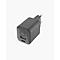 Chargeur gris foncé avec deux ports USB. Un symbole est imprimé sur le dessus.