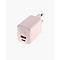 Chargeur USB-C rose clair avec deux ports. La prise est à droite.