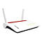 Weißer Fritz!Box WLAN-Router mit zwei Antennen und rotem Zierstreifen vor weißem Hintergrund.