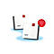 Zwei weiße Router mit rotem Quadrat und "Wi-Fi 6" Logo.