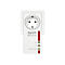 Weißer FRITZ!Powerline-Adapter steckt in einer Steckdose mit drei Status-LEDs.