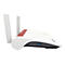 FRITZ!Box Router mit zwei Antennen und seitlichem USB-Anschluss vor weißem Hintergrund.