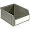 Gray plastic storage bin with a white label field. Open, angled shape.