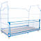 Blue, rolling crib with square bottom and side grids. Delicate grids rise at the ends.