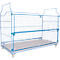 Light blue mesh cart frame with wooden base and wheels. For the transport of goods.