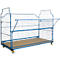 Blue, rolling cage trolley, open flap. Wooden base plate, 4 wheels. Metal grid, angular. Two decorative, curved elements.