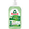 Transparente Frosch Spülmittel-Flasche mit grünem Inhalt und Aloe Vera Etikett vor weißem Hintergrund.