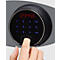 A finger touches a digital combination lock. Red numbers 123456. Blue numbers 1-9 and enter/open buttons.