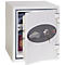 White safe, door open, key in lock. Passports and documents inside.