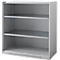 Grey, empty cabinet with three shelves. Holes for ventilation are in the bottom area.