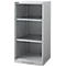 Open gray cabinet with three shelves. Small ventilation slots at the bottom.