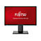 Schwarzer Fujitsu-Monitor mit rotem Bildschirmhintergrund, Fujitsu-Logo und Slogan.