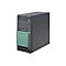 Dunkler PC-Tower mit mintgrünem Frontpanel vor weißem Hintergrund.