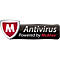 Logo von McAfee Antivirus: Rotes Schild mit weißem 'M' und Schriftzug 'Antivirus Powered by McAfee'.