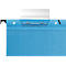 Blue file folder with metallic elements and holes. Hanging device.