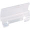 Transparent plastic clip shown at a slight angle. It has an elongated body with several cutouts.
