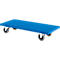 Blue transport board with four grey wheels. Rectangular shape.