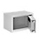 Gray, open cash box with two rotating knobs on the open door part.