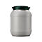 Récipient rond gris avec couvercle vert. Sur fond blanc.