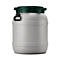 Conteneur en forme de baril rond gris avec couvercle et poignée vert foncé. Sur fond blanc.