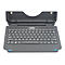 Dunkelgraue Tastatur mit aufgeklapptem Deckel, Tastenbeschriftung, Touchpad, blaue Akzente.