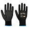 Gants noirs, marque Portwest. Manchette avec bord bleu. Inscription : A355, 10-XL, CE, ANSI.