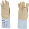Deux gants de travail en cuir beige, avec des poignets bleus et une impression de logo. Gants de sécurité.