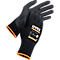 Gants de protection noirs de la marque Uvex, avec poignets orange. Inscription 'Uvex' et informations sur le produit.