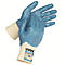 Deux gants de travail bleus sur fond blanc, paumes vers le haut. Les poignets sont crème, avec un nom de marque bleu.