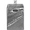 A silver metal letterbox with carrying handle and hanging device. The surface has scratches and streaks.